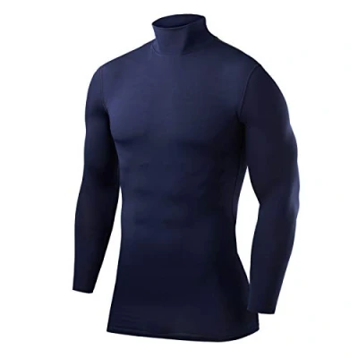 Afbeelding van PowerLayer Compressieshirt met lange mouwen, voor voetbal/hardlopen, sportshirt opstaande kraag en ronde hals, heren jongens, Marineblauw
