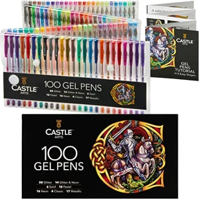 Afbeelding van Castle Art Supplies 100 delige set gelpennen in etui voor kinder of volwassenenkleurboeken, tekenen, scrapbooking, schrijven bevat soepele met scherpe punt en swirl , pastel metallic glitter neoneffect