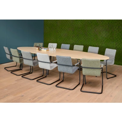 Afbeelding van Vergadertafel Victory ellips 420x120 cm op 3 poten frame Zwart (RAL9005) blad Lichtgrijs