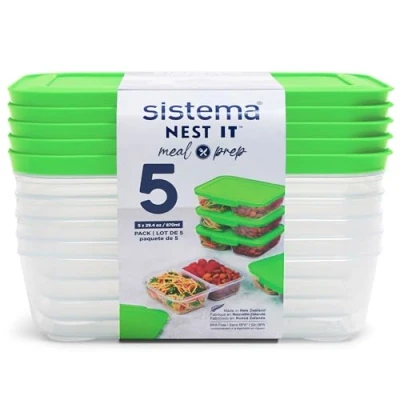 Afbeelding van Sistema NEST IT Maaltijdbereidingsdozen 870 ml Gecompartimenteerde en luchtdichte bereidingsdozen met deksel Lunchboxen voor school BPA vrij Groen 5 stuks