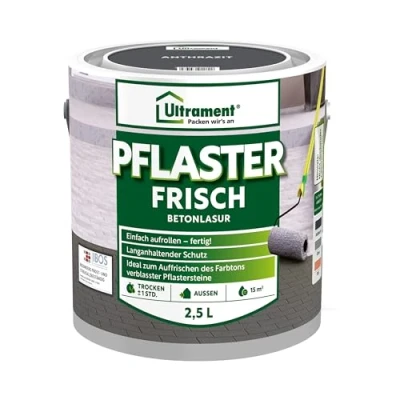 Afbeelding van Ultrament Pleister Fresh Betonbeits Antraciet, 2,5 liter: Gemakkelijk aan te brengen, UV en weerbestendig, sneldrogend, ideaal voor buitenruimtes absorberende betonblokken.