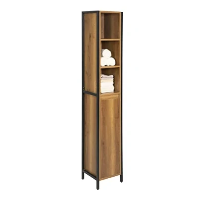 Afbeelding van SoBuy Badkamermeubel, hoge en smalle kast met 3 nissen, 1 deur binnenplanken, industriële stijl, L 30 x D 28 H 168 cm, BZR62 PF