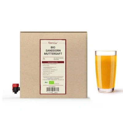 Afbeelding van 3 liter natuurlijk troebel biologisch duindoornsap 100% direct sap van biologische duindoornbessen, duindoornmoedersap zonder toevoegingen in praktische sapdoos
