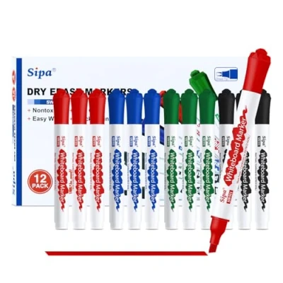 Afbeelding van Sipa set van 12 uitwisbare whiteboard markers, 4 kleurmarkers, mm brede wigpunt, ideaal voor klaslokaal, kantoor en kinderen, benodigdheden