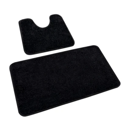 Afbeelding van Rururug Set van 2 zachte microvezel badkamermatten met uitsparing Antislip Zwart Afwasbaar 50 x 80 cm + 40