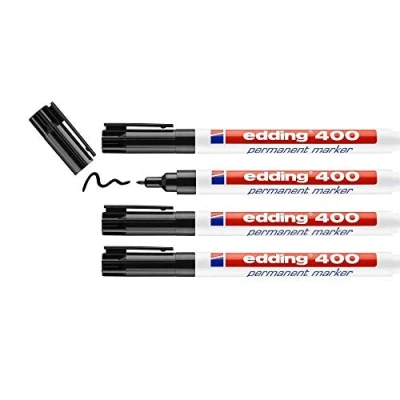 Image de edding 400 Marqueur permanent noir 4 stylos pointe ronde fine 1 mm sèche vite, résiste à l&#039;eau et aux frottements pour carton, plastique, bois, métal, verre