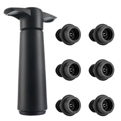 Afbeelding van 1 x wijnpomp met 6 vacuümwijnstoppers, wijnbescherming, herbruikbare wijnpomp, wijnbesparer, wijnconserveringsgereedschap (zwart)