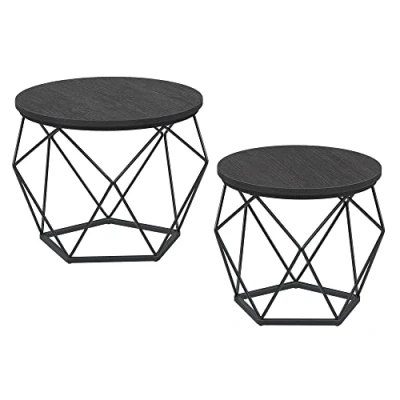 Afbeelding van VASAGLE Ronde salontafels, set van 2 bijzettafels, moderne stijl, afneembaar tafelblad, stalen frame, voor woonkamer, zwart,