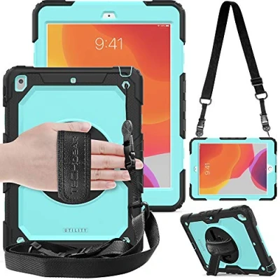 Afbeelding van TECHGEAR Utility Beschermhoes voor iPad 10.2 2021/2020/2019 (9e, 8e en 7e generatie), hard, schokbestendig, met 360 graden draaibare standaard, schouderriem handgreep [aqua]