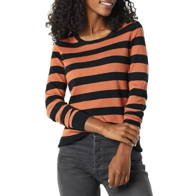 Image de Amazon Essentials Chandail léger à manches longues et col ras du cou pour femme (disponible en grande taille), rayures rugby caramel noir, taille XS