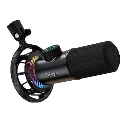 Image de FIFINE USB Microphone Gaming, RGB Dynamiques pour PC, Bouton de Silence &amp; 3,5mm Prise Casque, Plug and Play Cardioïde Diffusion en Continu, Podcasting, Youtube