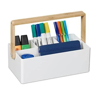 Afbeelding van Relaxdays bureau organizer met handvat draagbare pennenbak kunststof bestekhouder wit