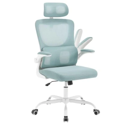 Afbeelding van WOLTU Ergonomische bureaustoel, schommelfunctie, computerstoel van mesh met lendensteun, verstelbare hoofdsteun, inklapbare armleuningen, draaistoel, blauw