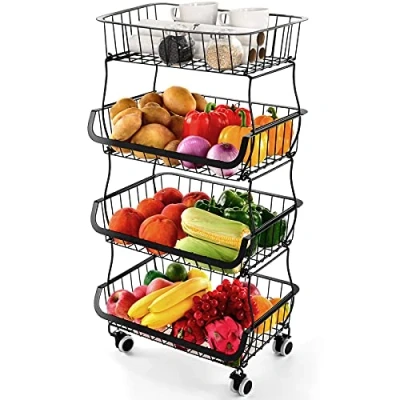 Afbeelding van Fruitmand met 4 etages, groentemanden, stapelbare metalen opbergmanden wielen, geschikt voor keuken, voorraadkast, toilet