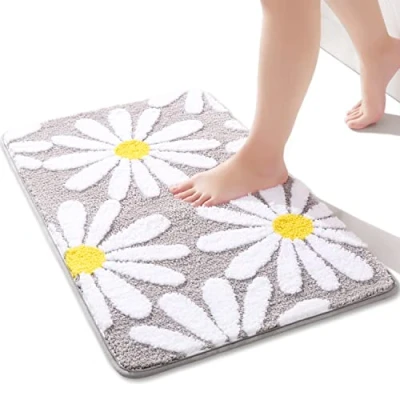 Afbeelding van grijs badkamertapijt schattige madeliefje badmat antislip wasbare witte en gele bloem zachte microvezel douchemat absorberend 40 x 60 cm