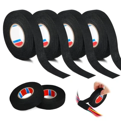 Afbeelding van RMIVEGLIA Set van 4 zwarte stoffen plakband, 19 mm x 15 m, zelfklevende textielband, ideaal voor het veilig isoleren en bundelen draden.