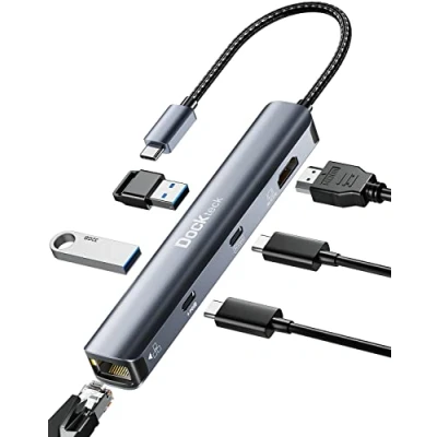 Afbeelding van Dockteck USB C HDMI hub 4K 60Hz Ethernet LAN RJ45, 2 poorten gegevens 100W PD, 3.0 voor MacBook Air M1/M2, iPad Pro/Air, Surface Pro
