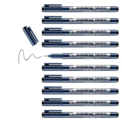 Afbeelding van edding 1880 precisie fineliner zwart puntdikte 0.5mm 10 stuks in een doos pigmentinkt is watervast en werkt op lichtgekleurd papier