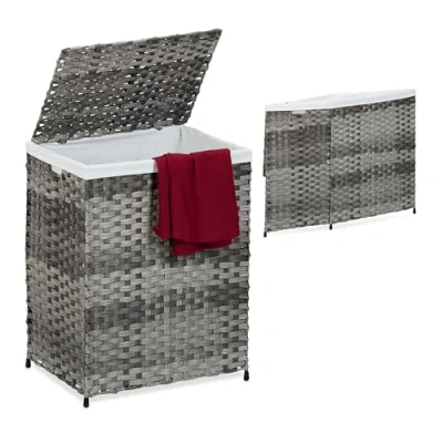 Afbeelding van Relaxdays wasmand met deksel rotanlook 90 liter zak gevlochten grijs beige