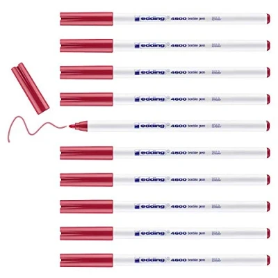 Afbeelding van edding 4600 textielvilt, karmijn, 10 stuks, ronde punten, 1 mm, machinewasbaar (60 C) voor het decoreren van stoffen, textielmarkers