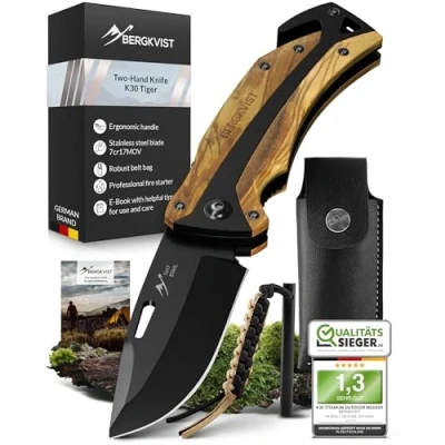Afbeelding van BERGKVIST® K30 Tijgermes (3 in 1 multifunctioneel mes) survivalmes voor jacht, kamperen of wandelen tijgerhouten handvat met vuursteen en etui