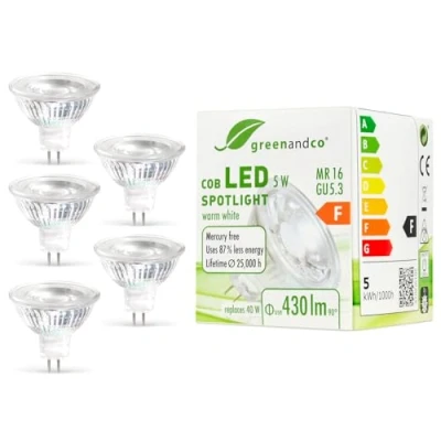 Afbeelding van 5x greenandco®, LED spot MR16 GU5.3, 5 W, vervangt 40 430 lm, 3000 K, warmwit, COB LED, 38 graden, 12 V AC/DC, niet dimbaar