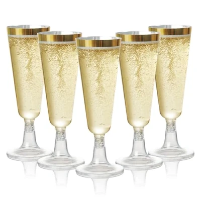 Afbeelding van MATANA 48 Herbruikbare Plastic Champagneglazen 150ml met Gouden Rand