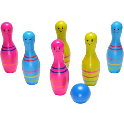 Afbeelding van BS Toys Skittles Bowling Kegelspel bowlingset kinderen Speelgoed Actiespel Houten Kinder 4 Jaar Buiten Buitenspel Spellen Tuin Rood &amp; Wit 6 Kegels
