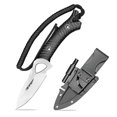 Afbeelding van TONIFE Explorer Vast mes met kunststof etui 8Cr14MoV lemmet survivalmes, glasvezelversterkte nylon handgreep voor buiten kamperen EDC (zwart+satijn)