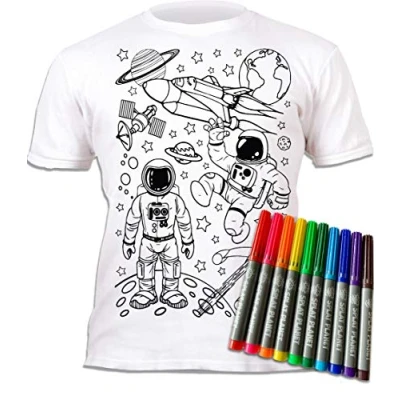 Afbeelding van Splat Planet T shirt om in te kleuren met 6 wasbare magische pennen, niet giftig, wasbaar, motief Space Man en Rocket, Wit.