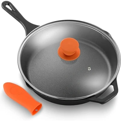 Afbeelding van NutriChef, Koekenpan, 30 cm Gietijzeren Koekenpan met Deksel Gietijzer Skillet Voorbehandeld Ovenbestendig Anti aanbak Siliconen Handgreep die niet Opwarmt