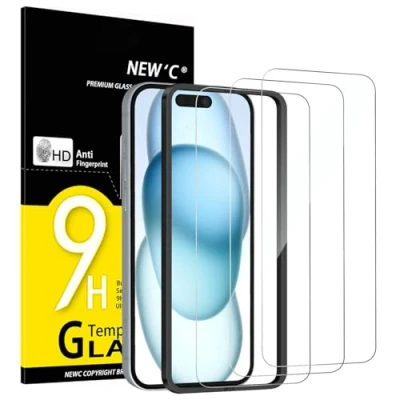 Afbeelding van NEW&#039;C 3 stuks gehard glas voor iPhone 15 (6,1 inch) displaybeschermfolie effectief tegen krassen zeer robuust HD transparant eenvoudig installatiegereedschap inbegrepen