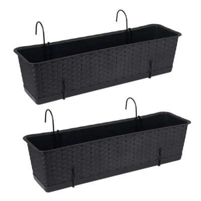 Afbeelding van Tymar Set van 2 balkonbakken met standaard, kunststof plantenbak rotan, antraciet, 60 cm