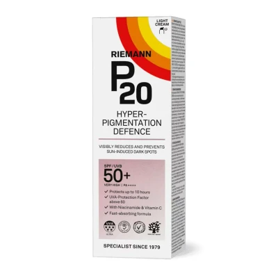 Afbeelding van P20 Hyperpigmentation Defence SPF 50+ Zonnebrand voor gezicht en hals Vermindert zichtbaar voorkomt door de zon veroorzaakte hyperpigmentatie Zonbescherming tot 10 uur Met Niacinamide Vitamine C 50 gram