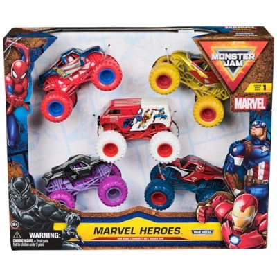 Afbeelding van Monster Jam Marvel Heroes 5 stuks spuitgegoten voertuigen Spider Man, Black Panther, Iron Captain America gegoten voor jongens en meisjes vanaf 3 jaar
