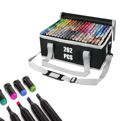 Afbeelding van 262 stuks alcoholmarkers voor manga/design/school met sneldrogende alcoholmarkers, dubbelzijdige markers, viltstiften, tekenen, kleuren draagtas