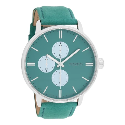 Afbeelding van OOZOO Timepieces Zilverkleurige horloge met groene leren band C10313