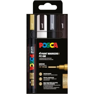 Afbeelding van Uni POSCA paintmarker PC 5M, 1,8 2,5 mm, etui van 4 stuks goud, wit, zilver en zwart