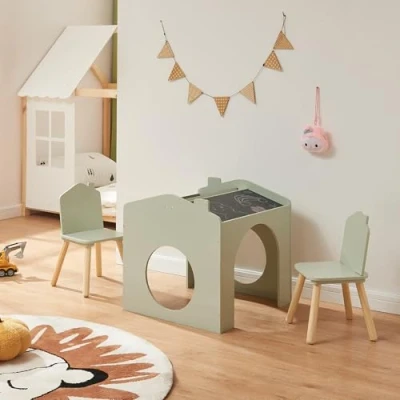 Afbeelding van Kindertafelset Romso zitgroep met 2 stoelen mintgroen zwart en naturel [en.casa]