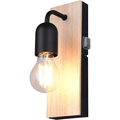 Afbeelding van Trio Leuchten ARTURO 284470132 badkamerlamp, mat zwart metaal, natuurlijk hout, excl. 1x E27