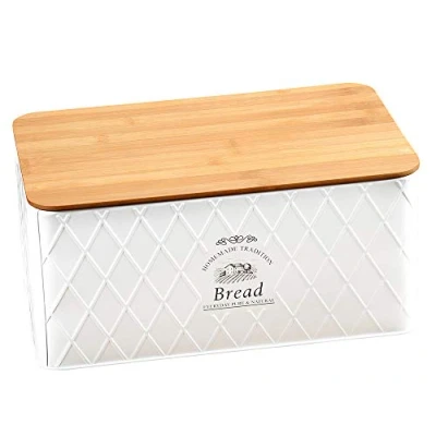 Afbeelding van Keuken Metalen Broodtrommel Met Houten Bamboe Brood Snijplank, Klassiek Model: &quot;Landhuis&quot; Materiaal: Metaal / FSC hout Deksel, te gebruiken als snijplank Opschrift: Bread Brooddoos Trommel Afm. 32,5 x 21 15