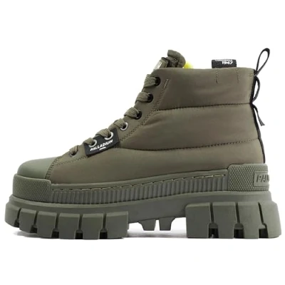 Afbeelding van Palladium Revolt BOOT Overcush Enkellaarsjes met plateauzool, Dames, Maat: 38, Olive night Textiel