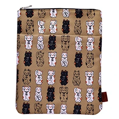 Afbeelding van Lucky Japanse kat boekhoes, boekomslagen voor paperbacks, wasbare stof, boekhoezen met rits, medium 28 x 21 cm boekenliefhebber geschenken, Bruin, M, Japans
