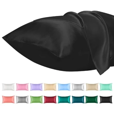 Afbeelding van Lirex Satijnen kussensloop set van 2 effen microvezel zijden kussenslopen met envelopsluiting, kreukvrij, zacht, lichtbestendig, ademend (zwart)