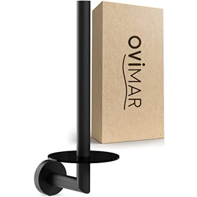 Afbeelding van ovimar Vervangende toiletpapierhouder, rond, om te boren, zwart, roestvrij staal en glas, voor wandbevestiging, met zelfklevend, tot 2 rollen toiletpapier,