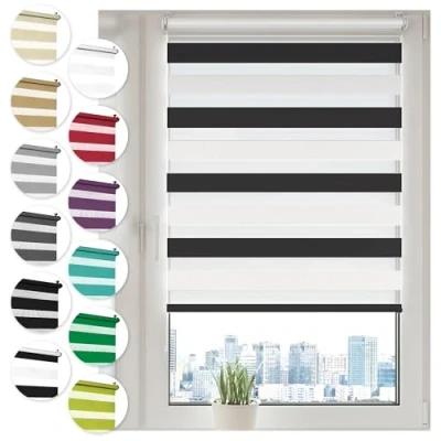 Afbeelding van Sonello rolgordijn voor dag en nacht, klembevestiging, zonder boren, 110 cm x 130 cm, zwart/wit, eenvoudig te installeren met clips ramen of deuren, zebra rolgordijn, zonwering, van