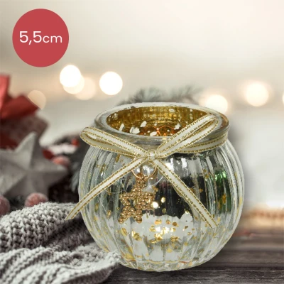 Afbeelding van Zilveren glazen waxinelichthouder met ster Ø6,5 x 5,5 cm kerstdecoratie kerst luxe theelichthouder voor kaarsjes