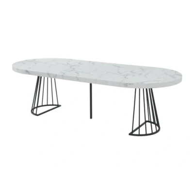 Afbeelding van Vente unique Uitschuifbare eettafel 2 tot 12 plaatsen van mdf en staal Wit marmereffect zwart FIRELA L 260 cm x H 76 D 110