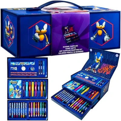 Afbeelding van SONIC THE HEDGEHOG Tekenkoffer voor kinderen, met kleurpotloden, viltstiften, schoolbenodigdheden