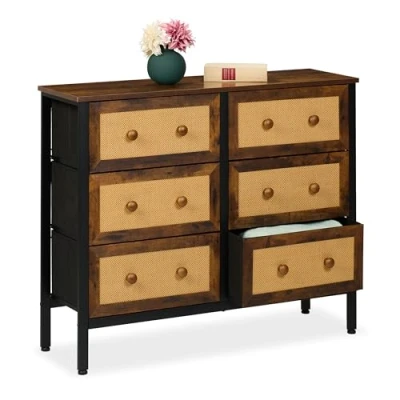 Afbeelding van Relaxdays dressoir 6 lades rotan look 100 cm breed metalen frame slaapkamer